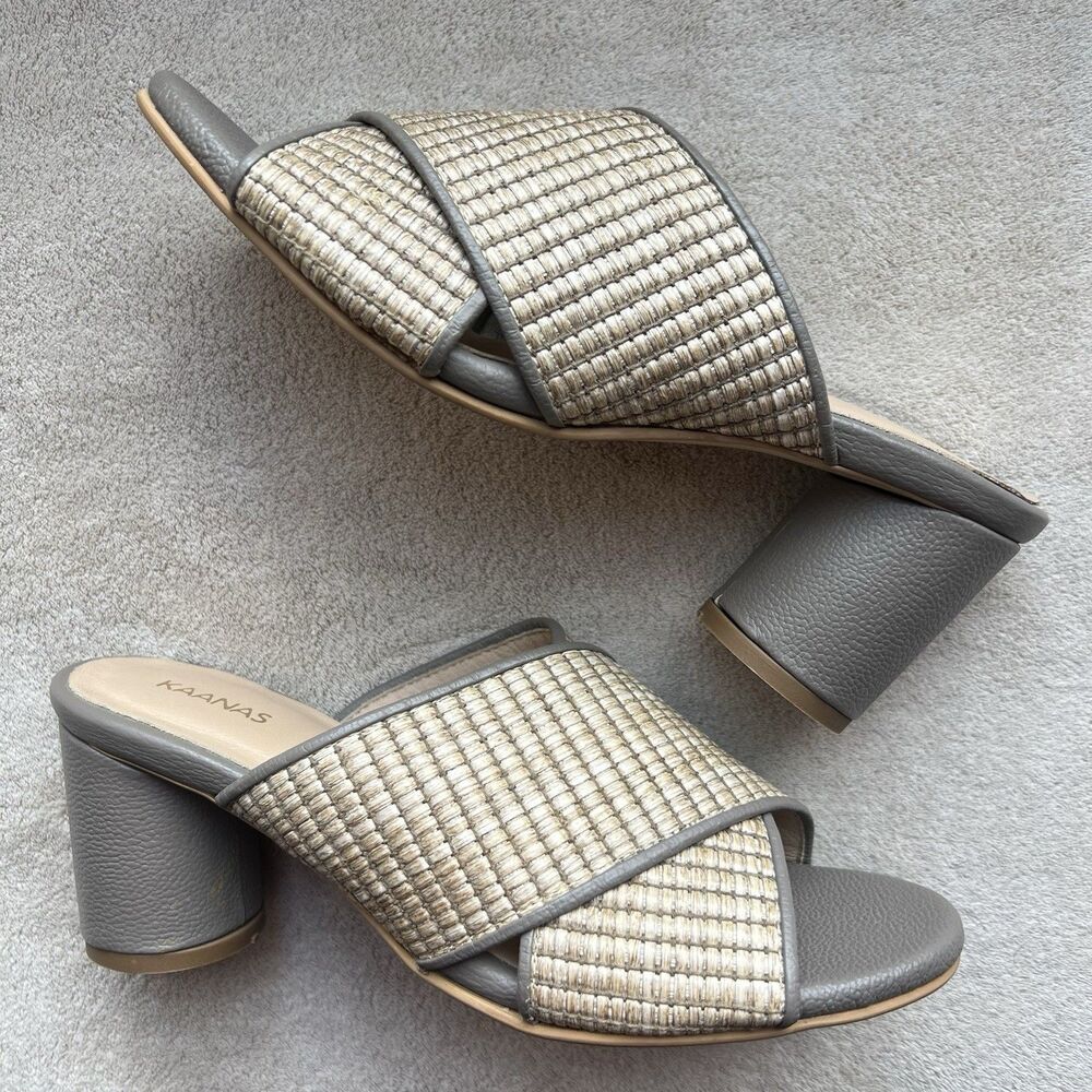 Kaanas Taupe Leather Tan Woven Fabric Chunky‎ Heel Sandals Women 6 Casual Beach